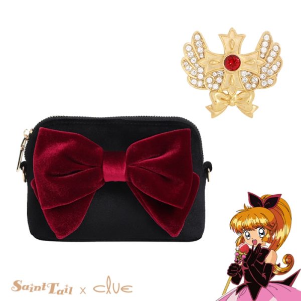 Saint Tail x Clue - Saint Velvet Ribbon Black Pouch + Ribbon Brooch Set Online